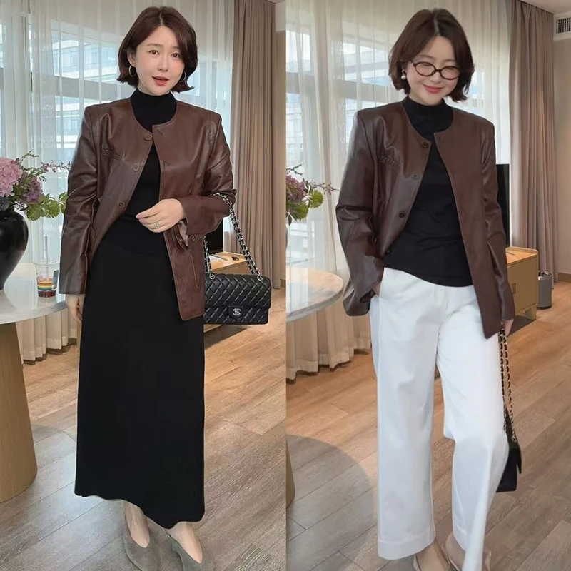 【DIS 现货】【琥珀焦糖】早秋显瘦气质高级感圆领皮衣外套Z525T13203