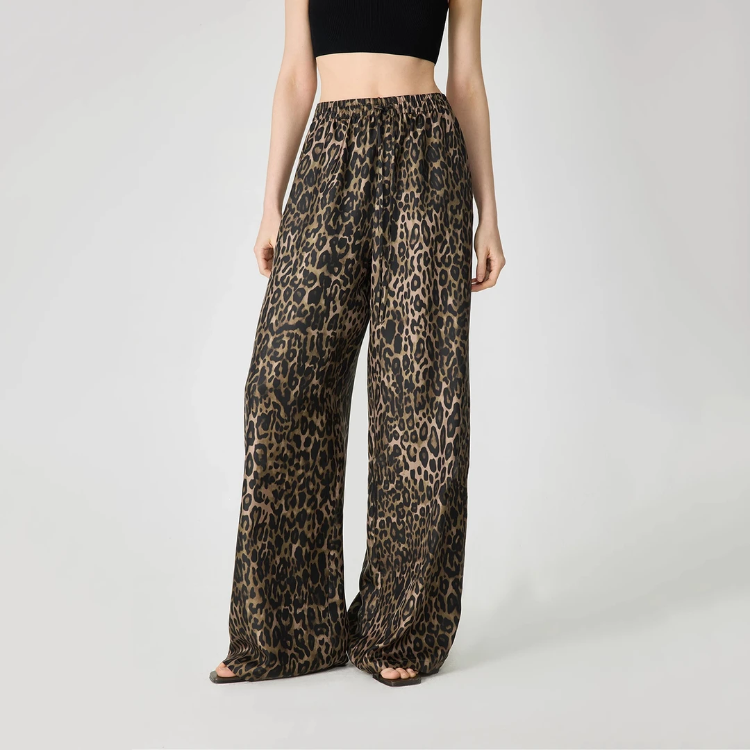 真丝系带宽松休闲裤豹纹高腰薄款印花碎花春夏秋显瘦直筒裤长裤子