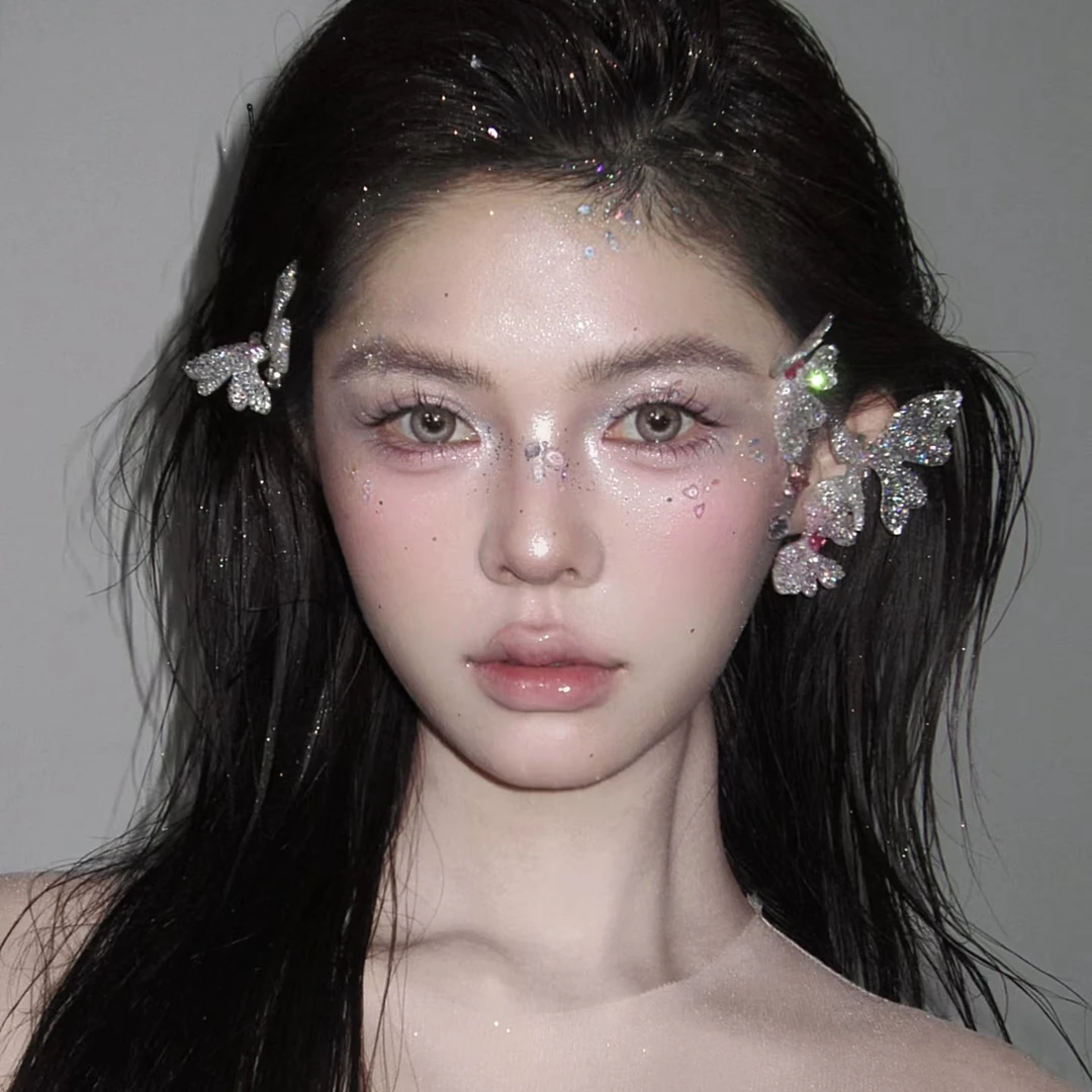 2944新款康康老师同款碎钻粉金蝴蝶多用款耳夹