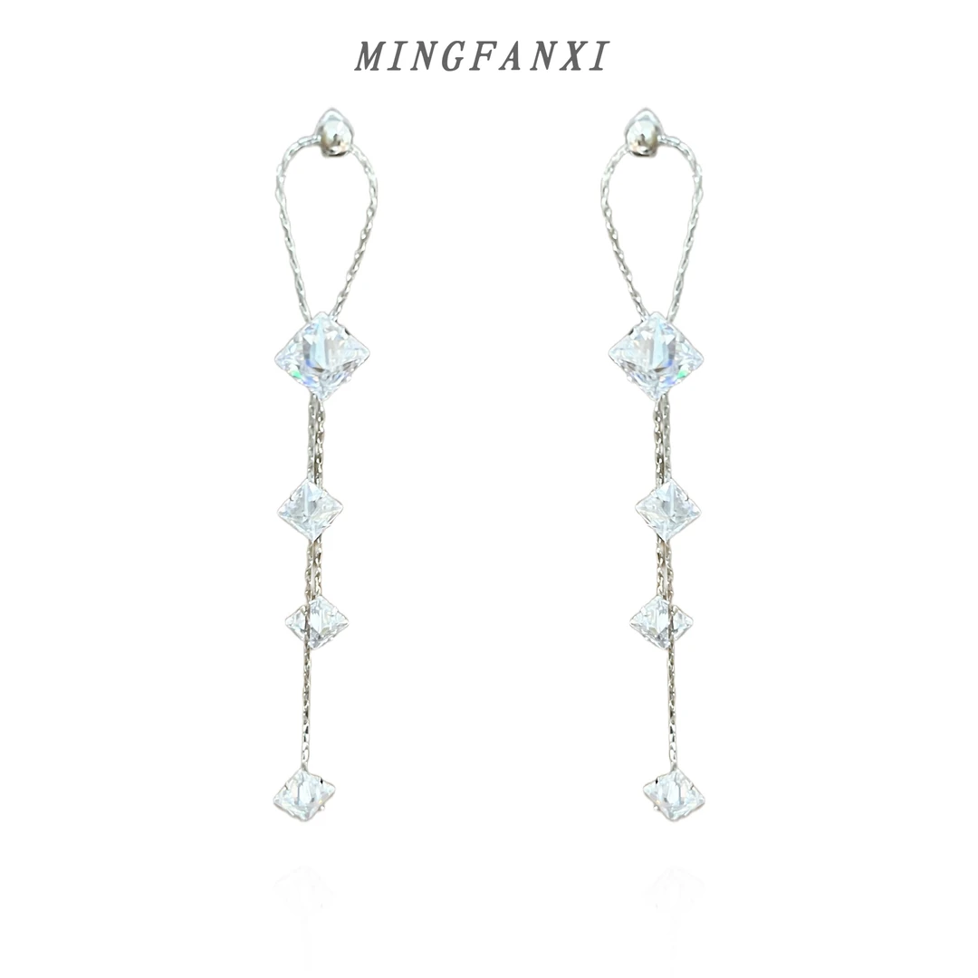 铜合金耳饰 蛇骨链锆石流苏耳钉冷淡风显瘦小众设计高级感耳环