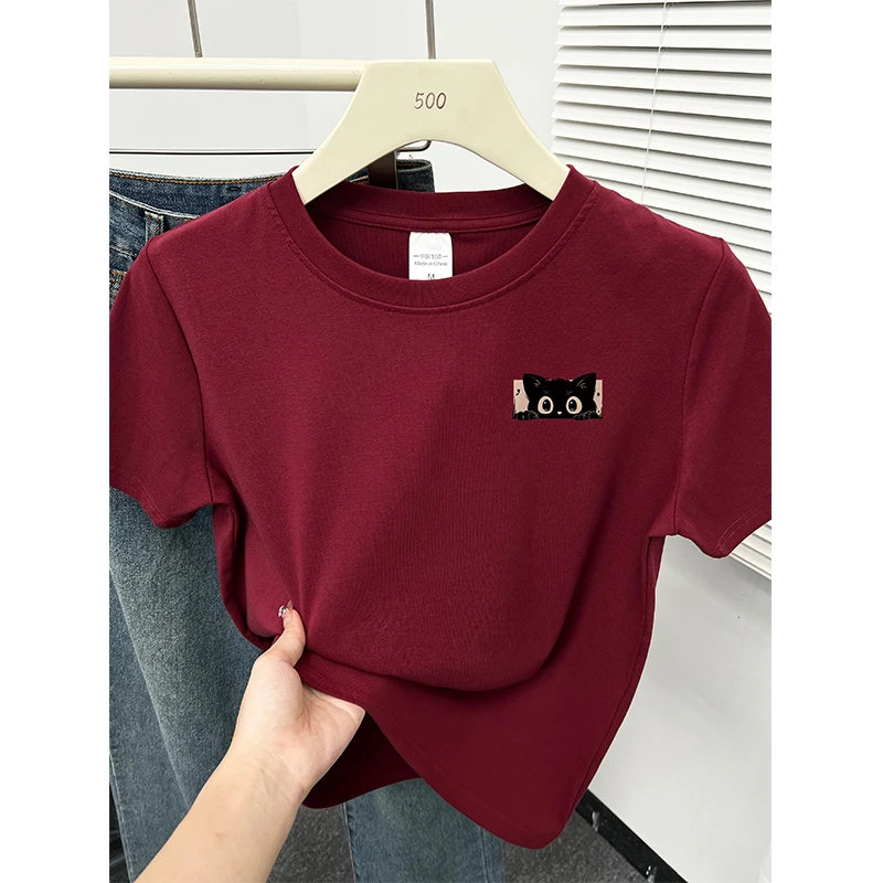 酒红色正肩短袖t恤女夏季新款韩版小个子休闲洋气百搭圆领上衣服