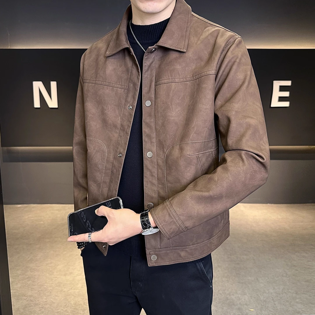 轻奢痞帅男装皮夹克新款翻领时尚休闲美式潮牌扎染男士外套秋冬款