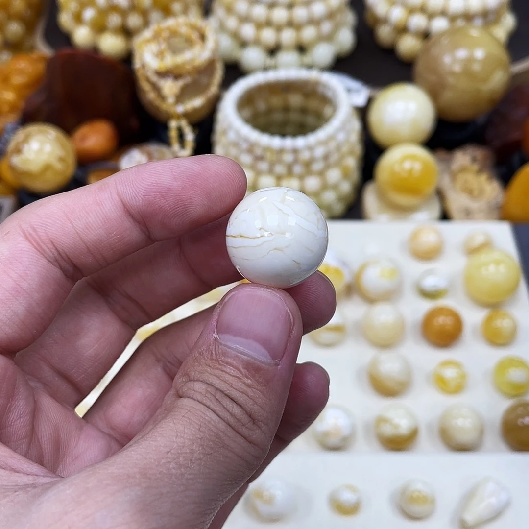 蜜蜡未镶嵌珠宝奇石19.8mm【金丝妖花瓷白】打孔不予退货