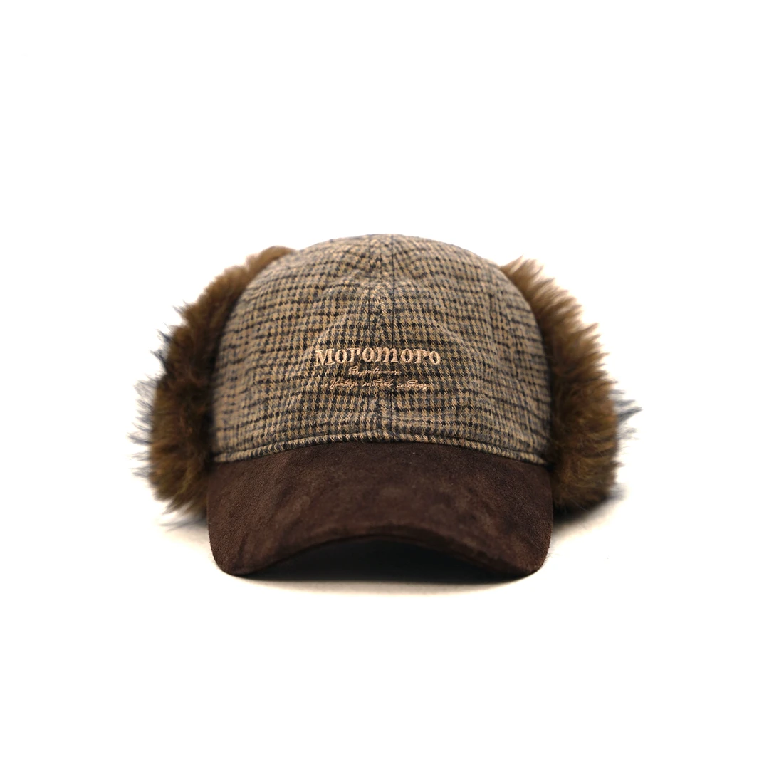 【上海】Moromoro千鸟格羊毛高丝光牛皮绒皮帽檐皮草毛护耳帽