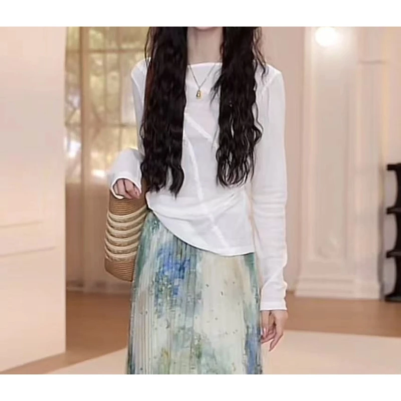 设计感纯色蕾丝花边长袖T恤女2025夏季新款轻奢时尚薄款显瘦上衣