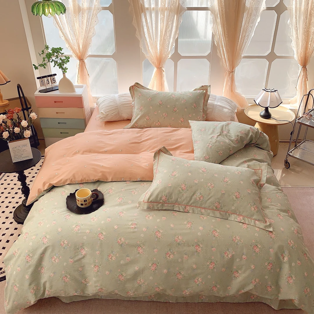 全棉透气印花双面复古床品套件小清新碎花纯棉四件套床单款可机洗