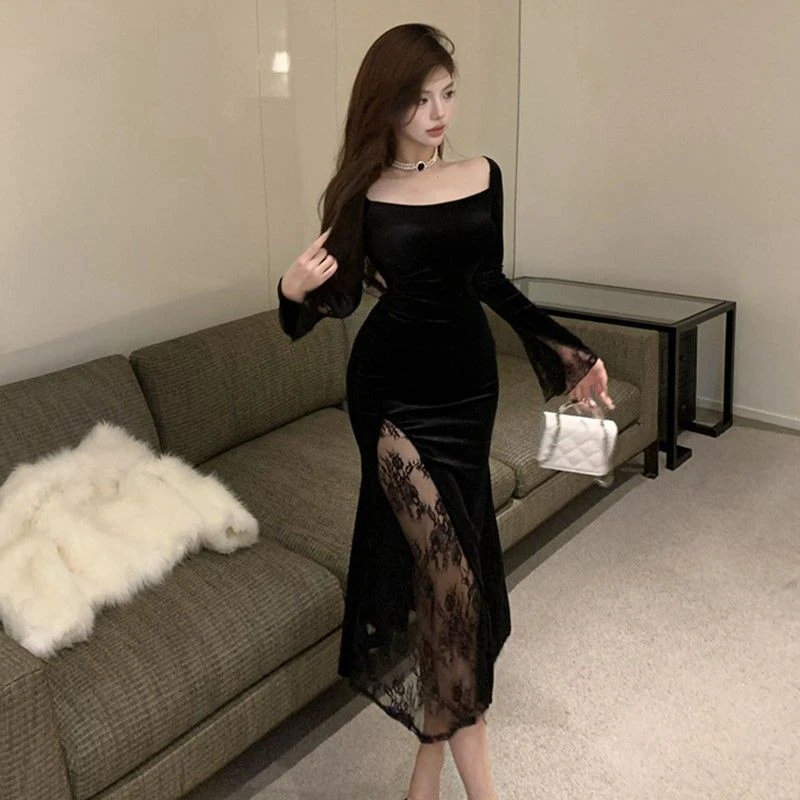 法式性感丝绒连衣裙秋冬气质修身显瘦蕾丝开叉长裙夜场会所技师服