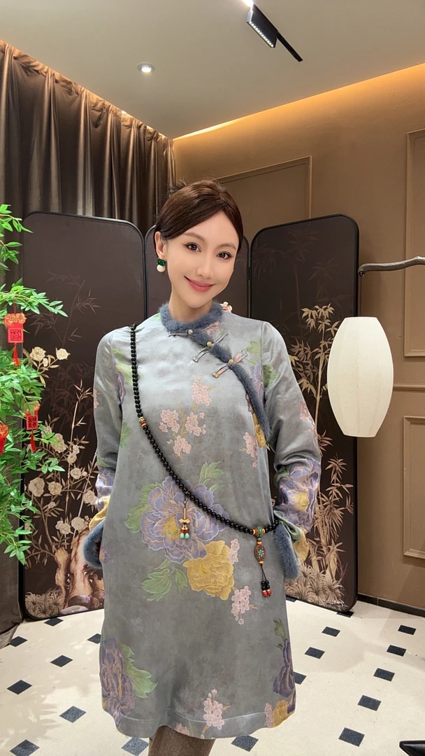 【盛世牡丹】新中式加棉中长款连衣裙秋冬新款水貂毛拼接T310E-L12