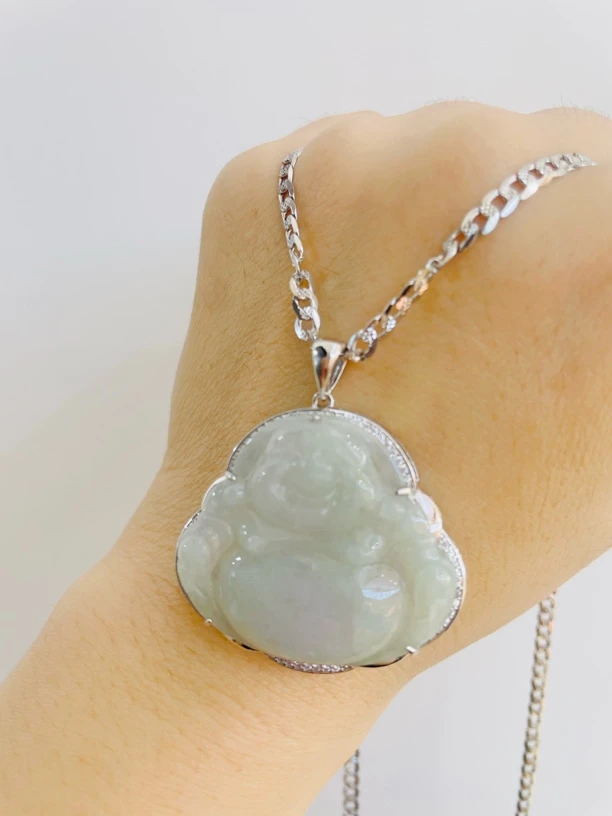 坠链均925银 S925银 淡绿色佛面项链