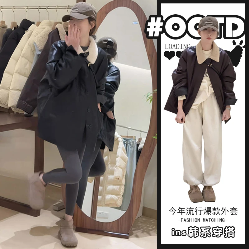 秋冬韩版宽松羊羔绒翻领夹克PU皮衣设计感单排扣工装设计感外套女
