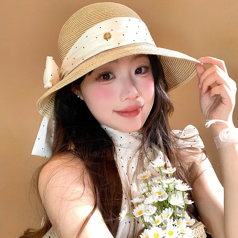 新款度假波点帽子草帽女夏季蝴蝶结镂空防晒大帽檐防晒出游盆帽