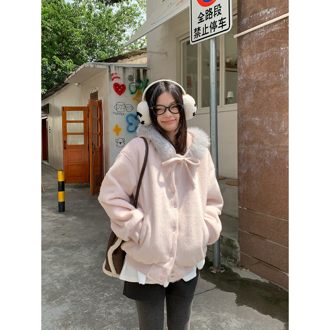 宋正恩粉色毛领连帽毛呢外套女冬季新款巨好看绑带蝴蝶结宽松上衣