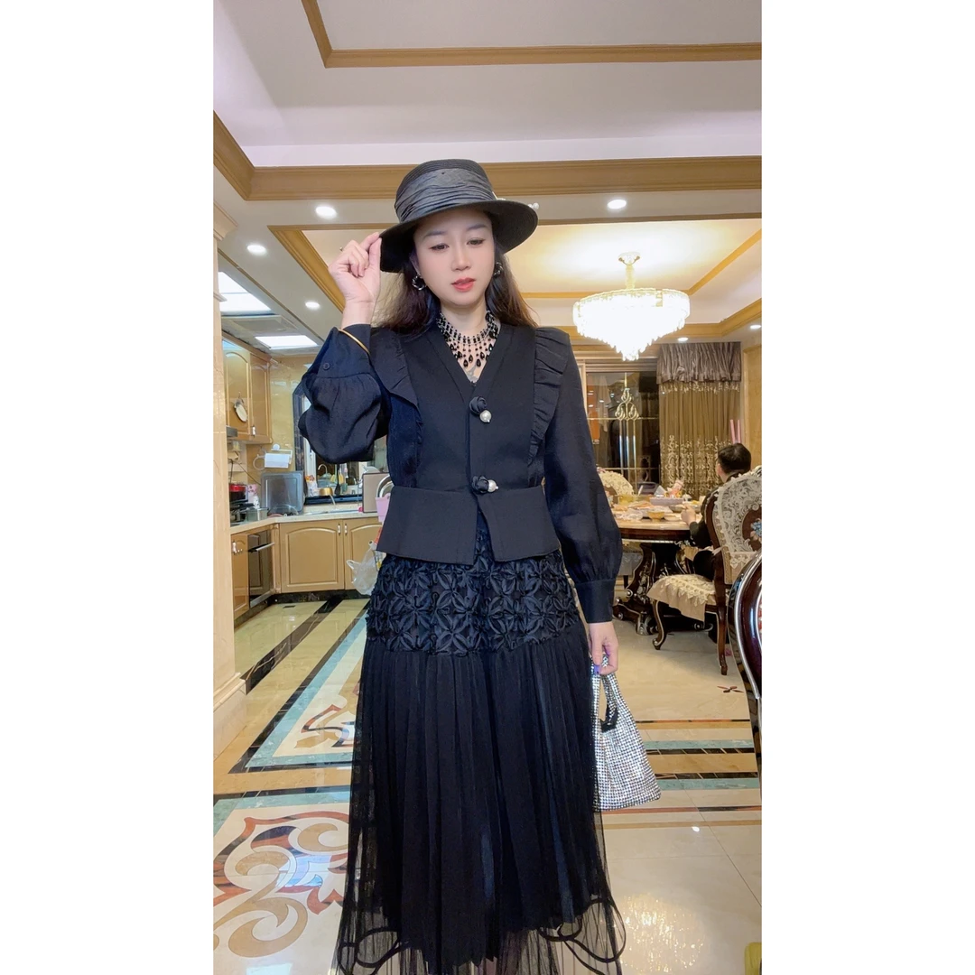 0060拼接袖V领修身荷叶边短外套春装新款女装
