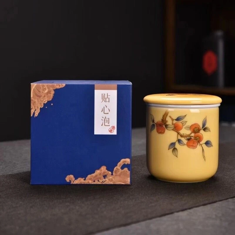 手工柿柿如意白瓷带盖主人杯-kktc000081