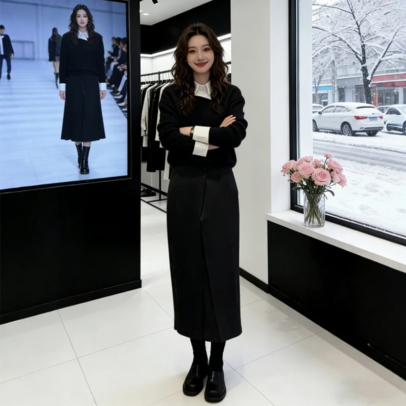 【现货】秋冬极简风套装裙2026新款白色衬衫叠穿针织衫半身裙三件套