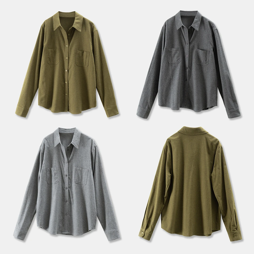 春天家 笈简松弛感 法G篙品休闲舒适100棉磨毛长袖衬衫女30I7