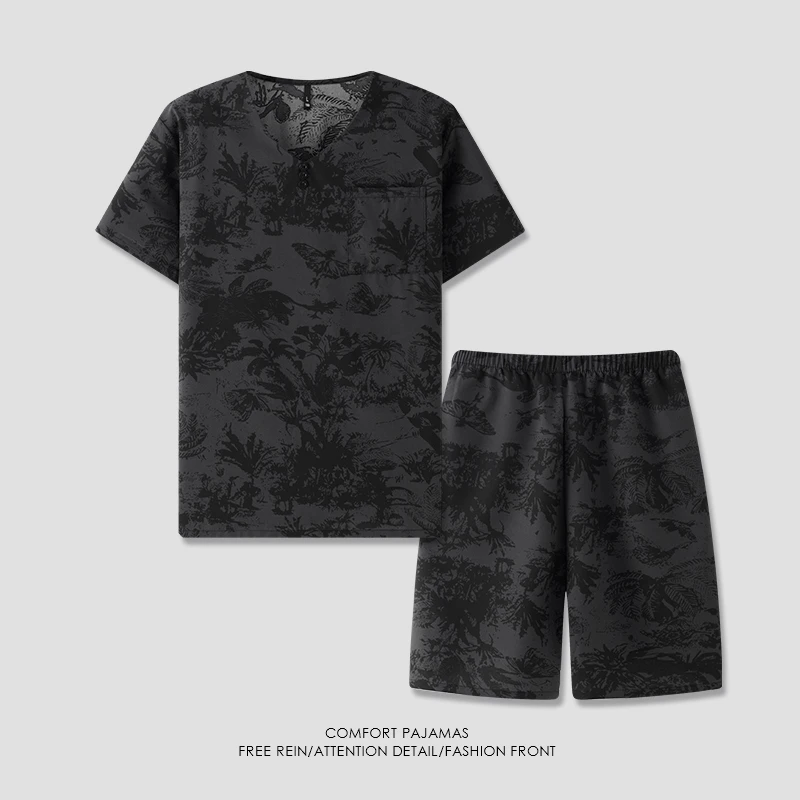 【好福份】冰爽丝夏季V领套头男款睡衣家居服套装-国风椰树-25194