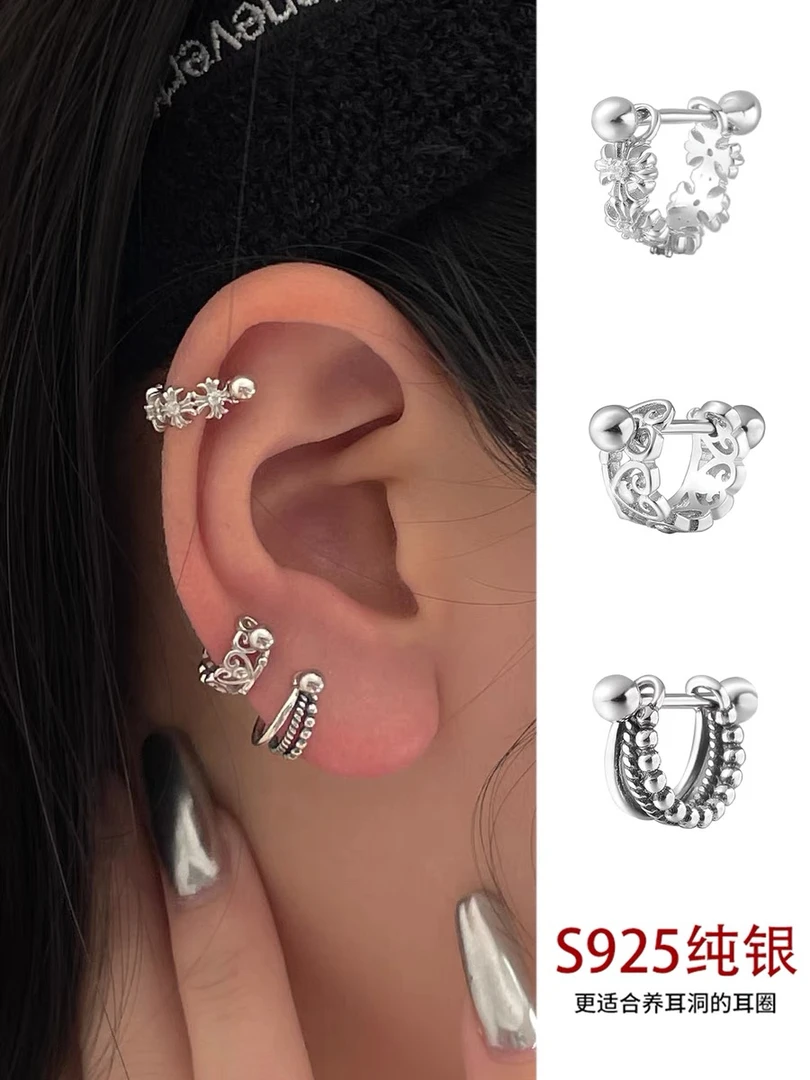 925银耳饰 耳钉女耳骨钉复古螺丝拧扣925纯银迷你小众耳环耳饰男