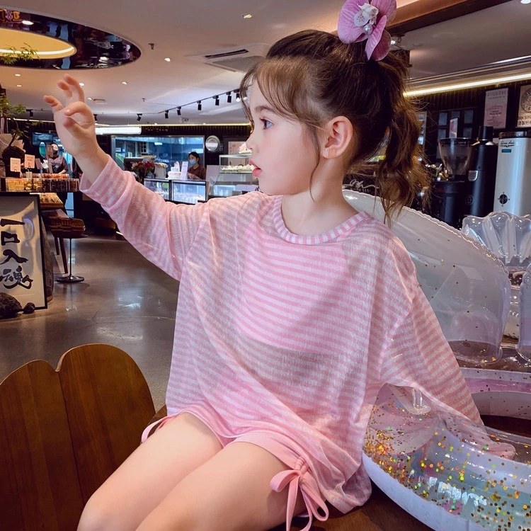 女童泳衣分体三件套夏装2025新款中大童海边度假长袖防晒平角泳装