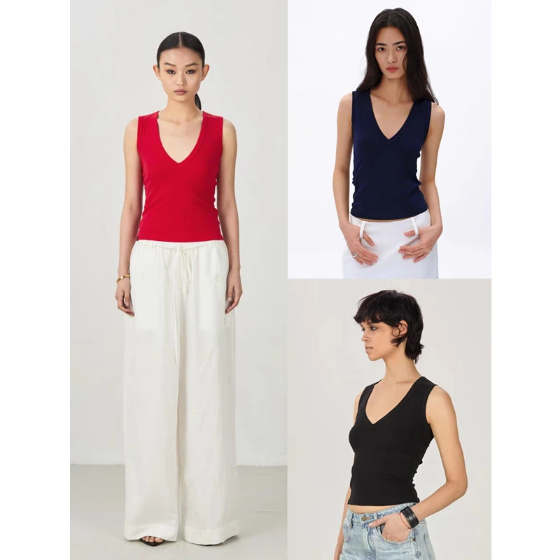 CIMBREYOO 复古纯色修身V领背心 藏蓝色/红/黑