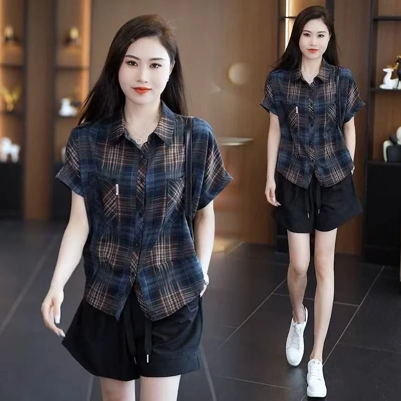 2025新款夏季Polo领高级感轻奢减龄洋气小衫格纹上衣女格子衬衫女