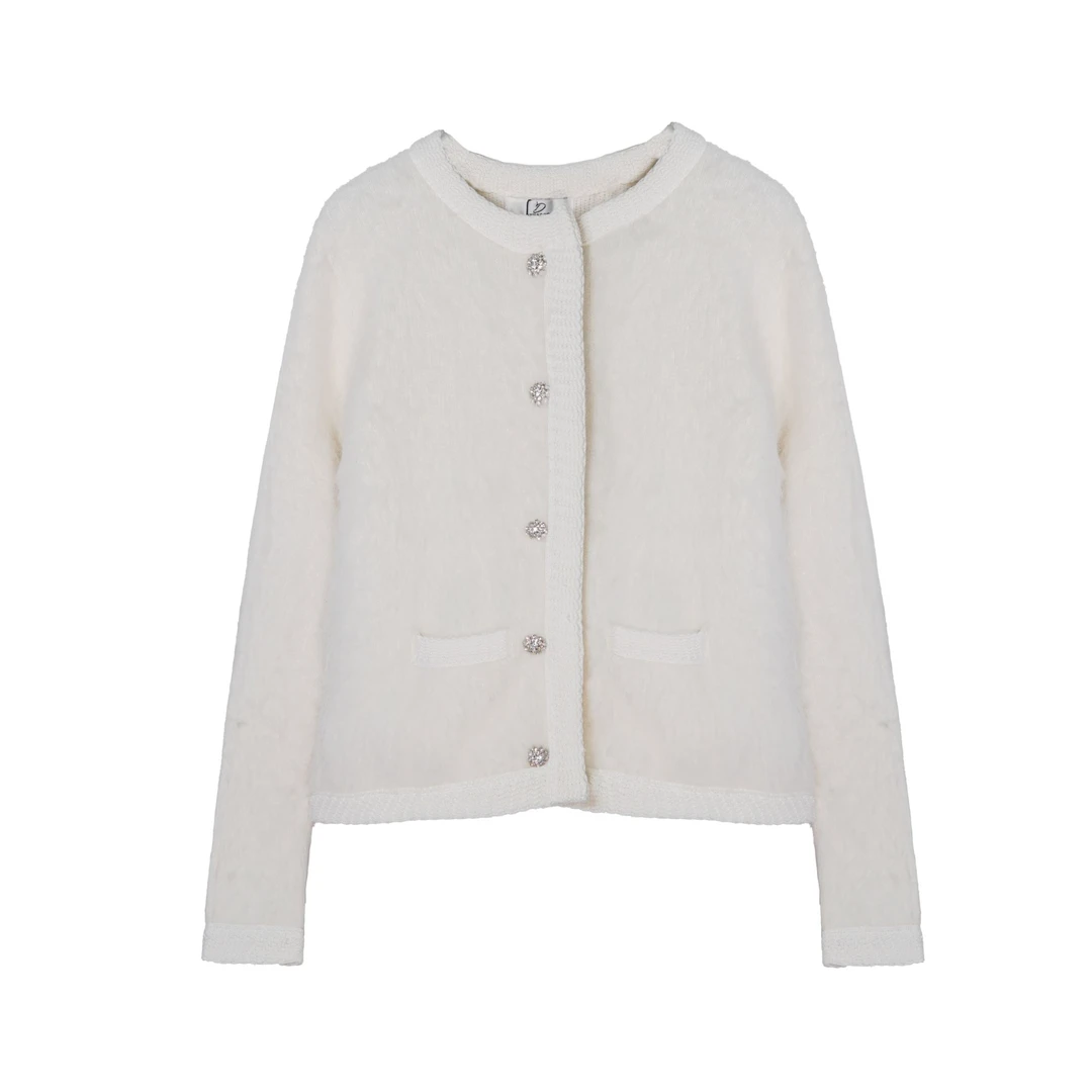 厚款圆领秋季毛针织衫粗花呢长袖上衣白色时尚设计师气质开衫