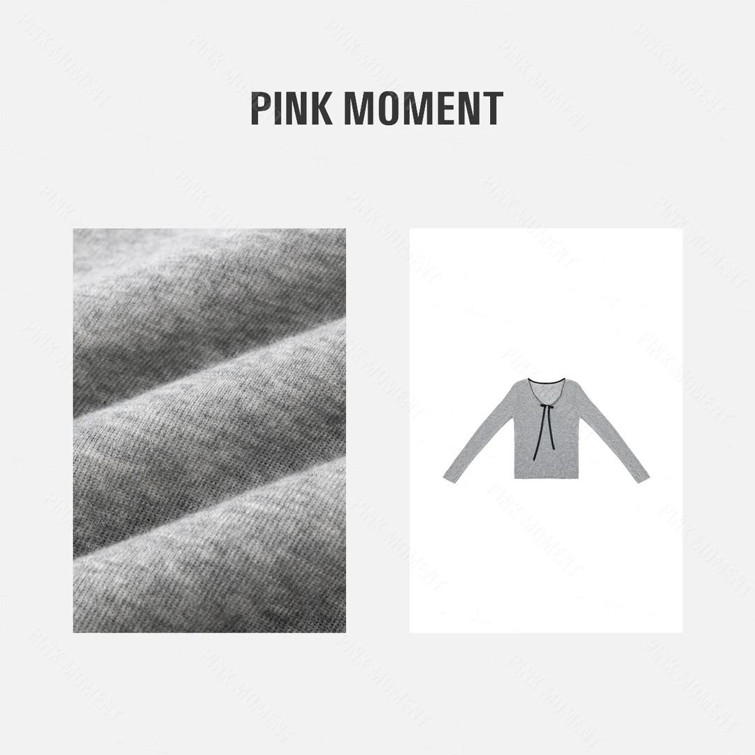 PM王囡囡 灰色羊毛法式V领花边蝴蝶结薄毛织T恤 ND1C1659