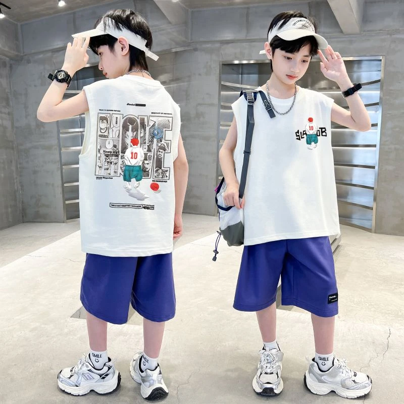 男童夏季时髦无袖套装2025新款儿童夏装帅气背心上衣潮短裤两件套