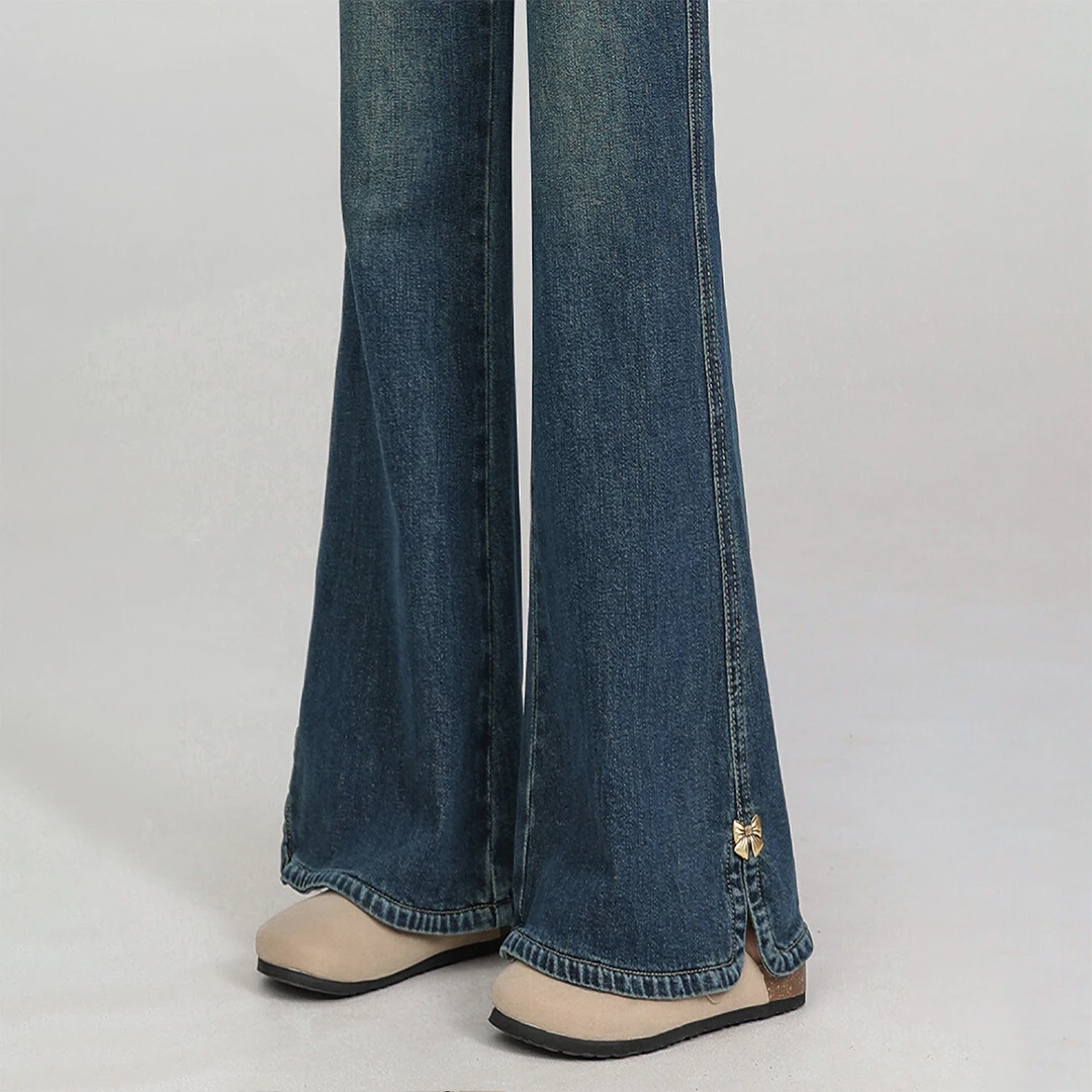 复古微喇牛仔裤女2025秋冬加绒大码胖mm小个子高腰显瘦开叉喇叭裤