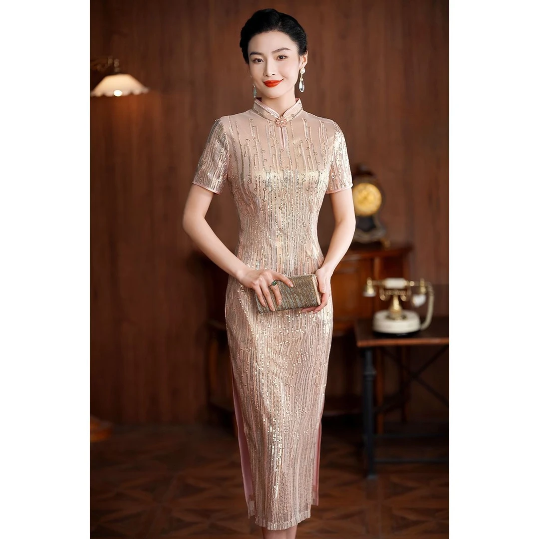 显瘦夏季新娘年轻装主持人婚宴旗袍礼服香槟色连衣裙复古妈妈气质