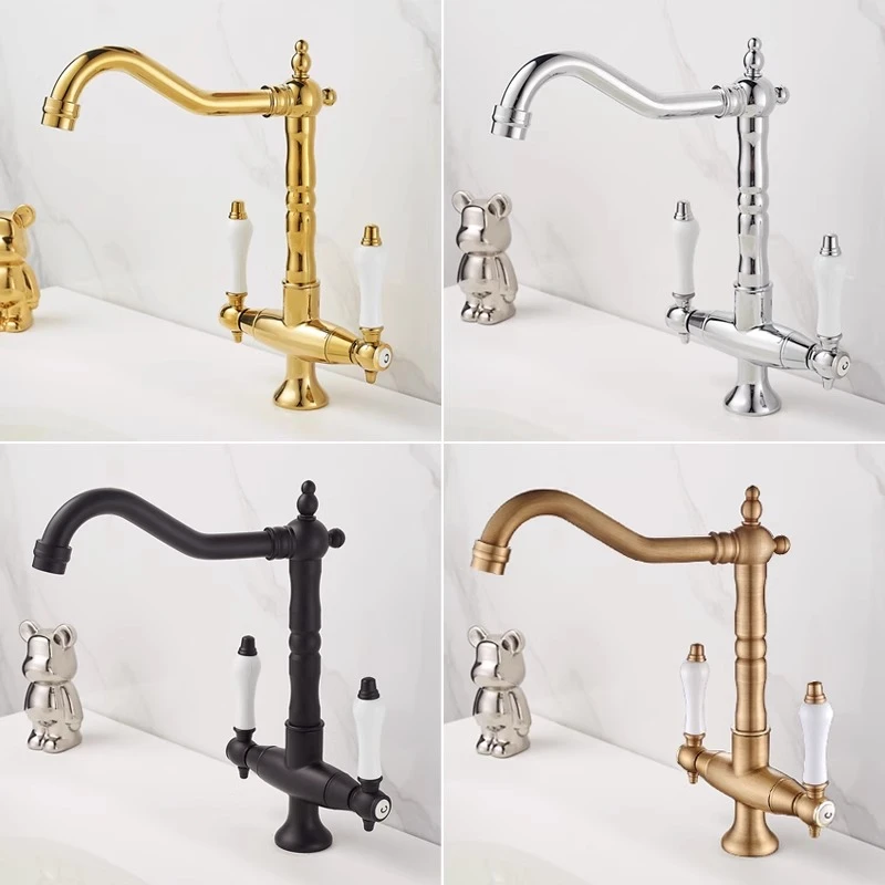 法式复古水龙头全铜欧式金色双把单孔冷热龙头厨房水槽阳台洗衣池