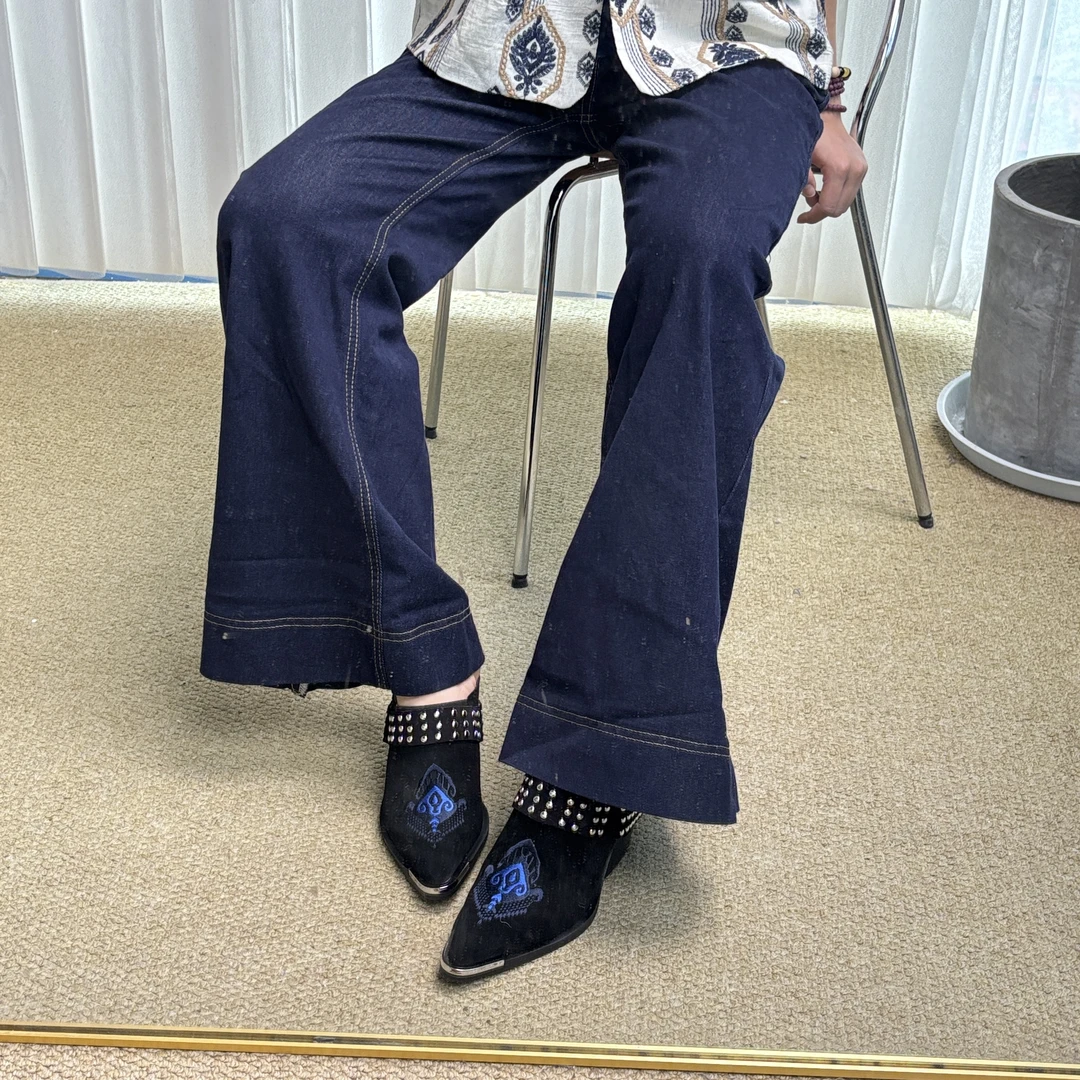 新款微喇裤子深蓝色牛仔裤YF165