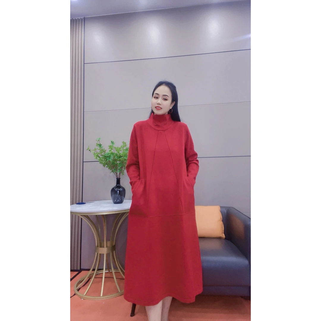 3604 中领双口袋秋冬新款针织连衣裙长款加厚冬季打底裙