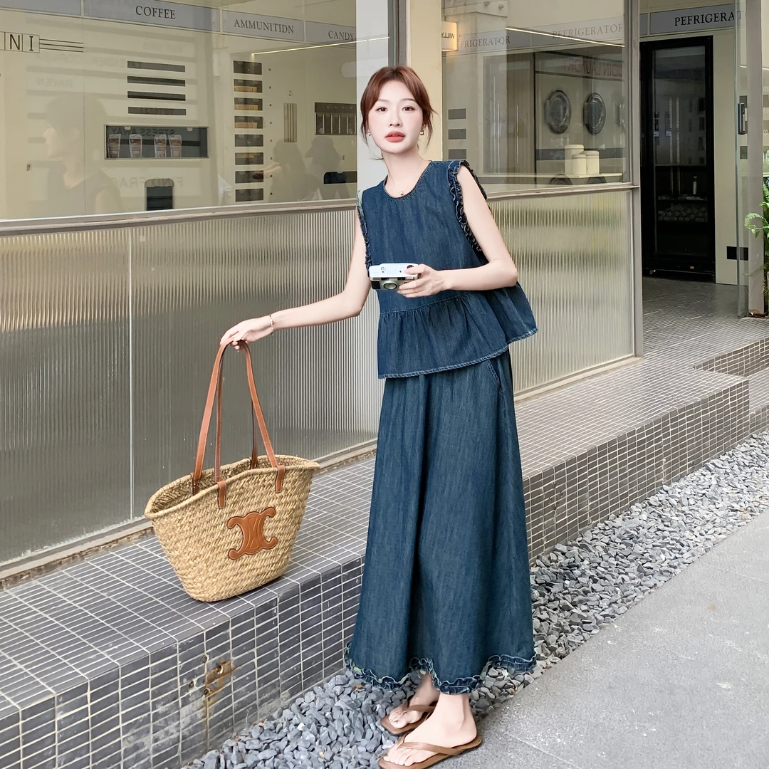复古港风薄牛仔套装女2025夏新款木耳边无袖马甲上衣阔腿裤两件套