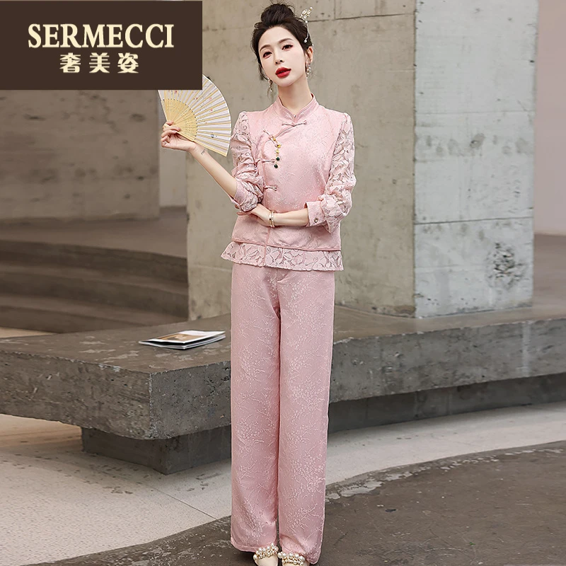 新中式国风时尚套装女2025春秋新款高端名媛气质蕾丝小香风两件套