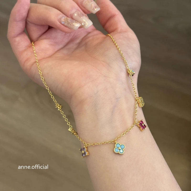 铜合金项链 多巴胺四叶草彩色花朵项链【X730】