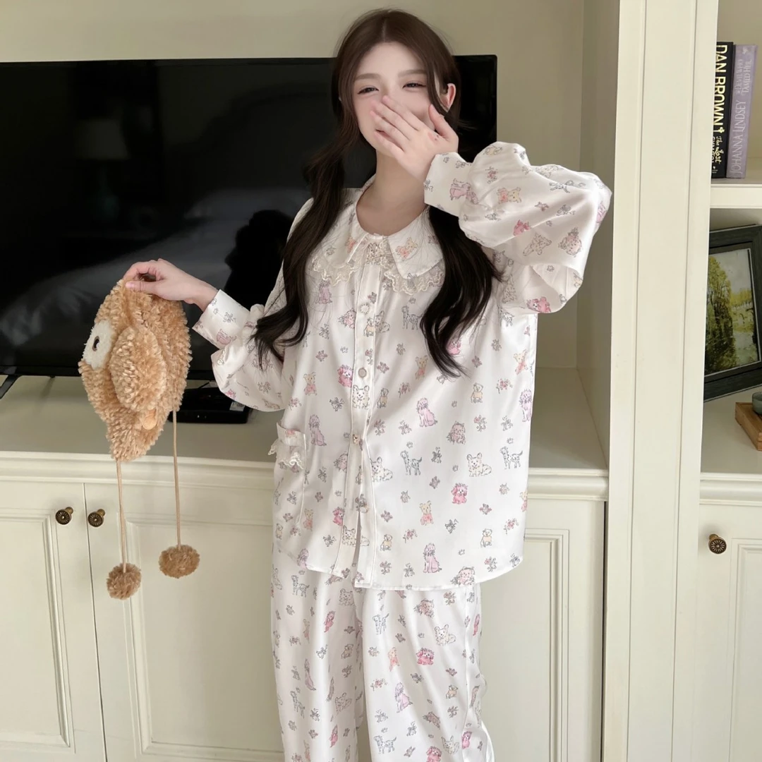 卡通狗可爱甜美风长袖睡衣春秋季开衫套装休闲蕾丝翻领家居服