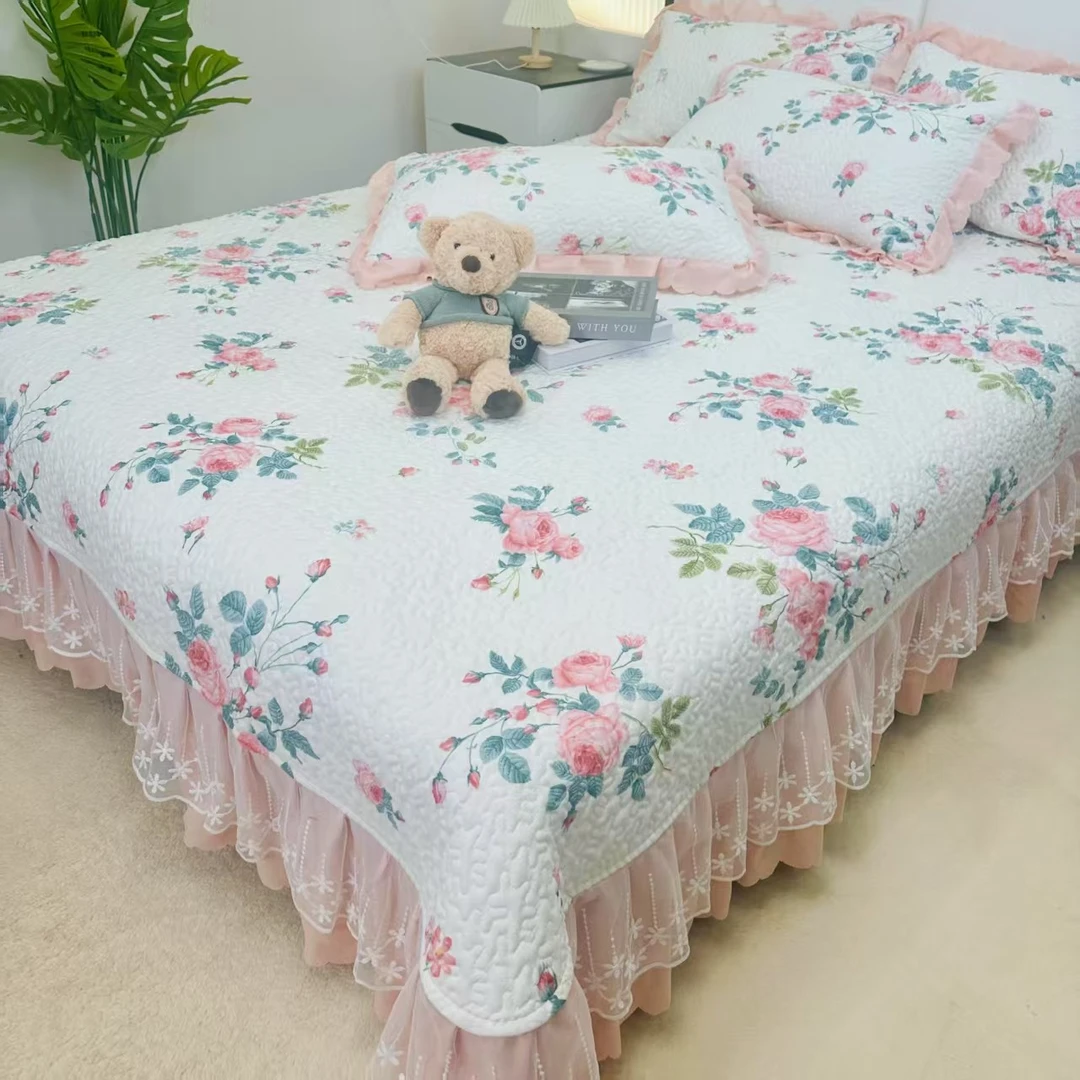 【升级款床盖】春夏新款有氧提花小清新蕾丝花边防滑床盖w
