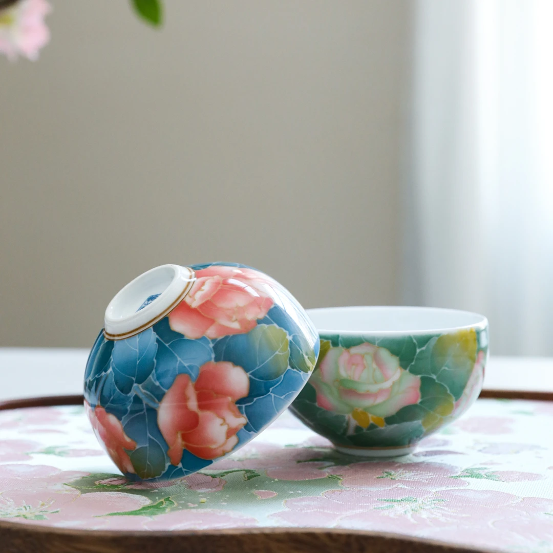 官润窑釉下彩纯手工手绘陶瓷主人杯品茗单杯功夫茶杯玫瑰花颜盈杯