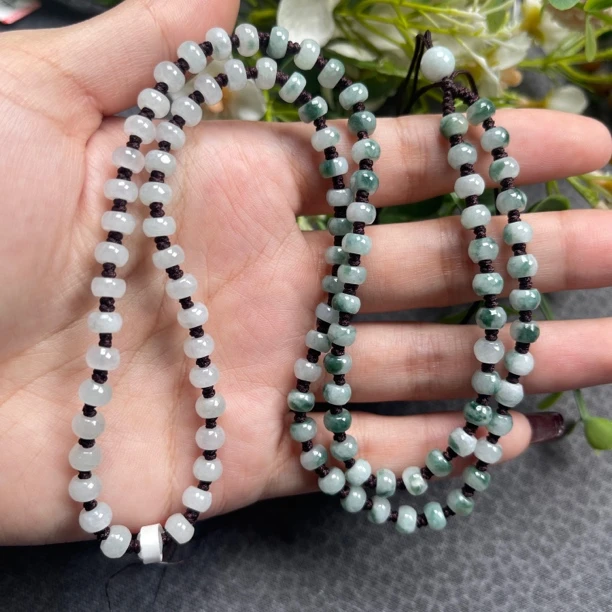 福利款天然A货翡翠细糯飘花项链经典算盘珠5×3mm纯手工编织挂牌链