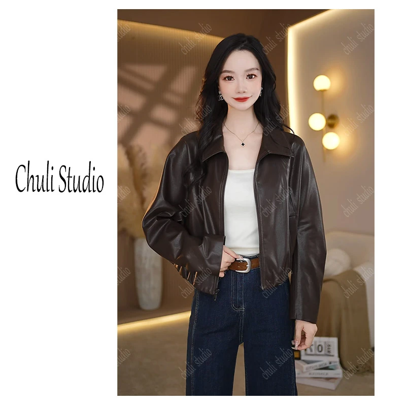 【ChuLi】复古宽松时尚短款显瘦秋季百搭时尚皮衣