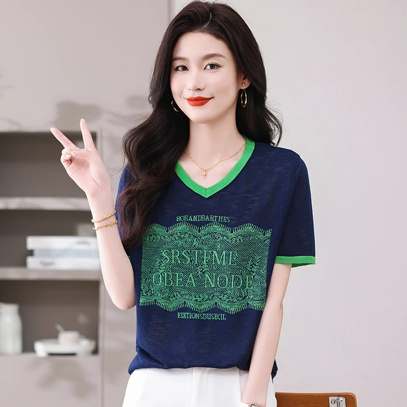 品牌大码女装竹节麻短袖T恤女夏季宽松显瘦针织衫薄款提花V领上衣