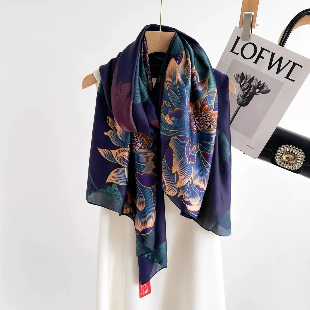 【紫韵牡丹】N155高级感围巾丝巾高档丽锦缎披肩围巾长巾180*90