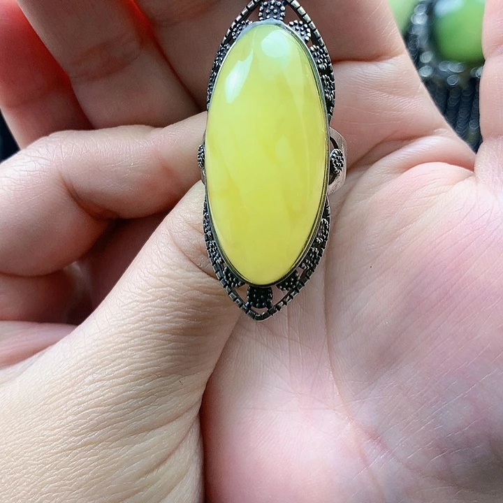 琥珀裸石银S925镶嵌戒指