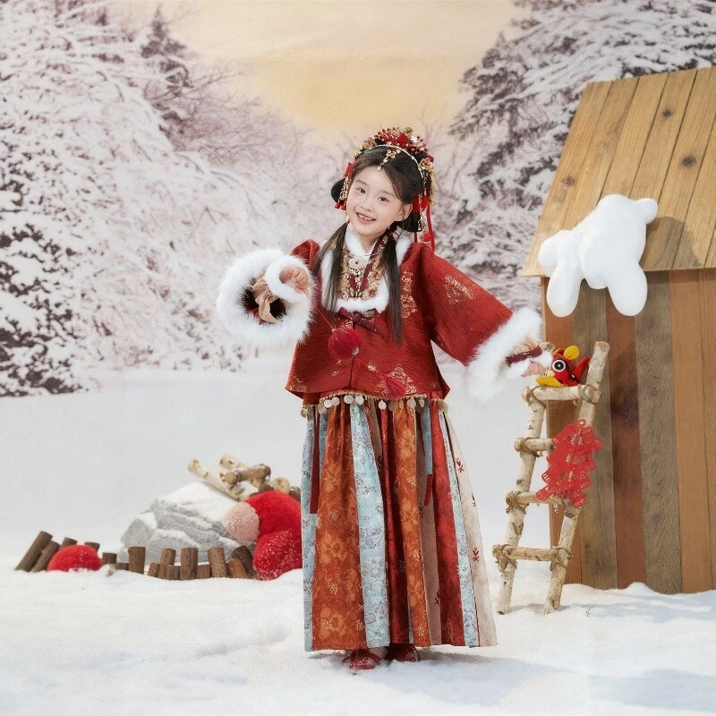 女童汉服冬季女宝新年服套装加厚儿童女宝中国古风新年拜年服唐装