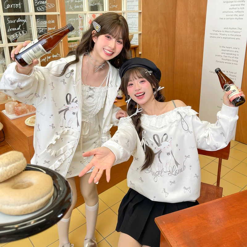 森女部落原创甜美风套装可爱小羊印花日常学生宽松外套新款女装