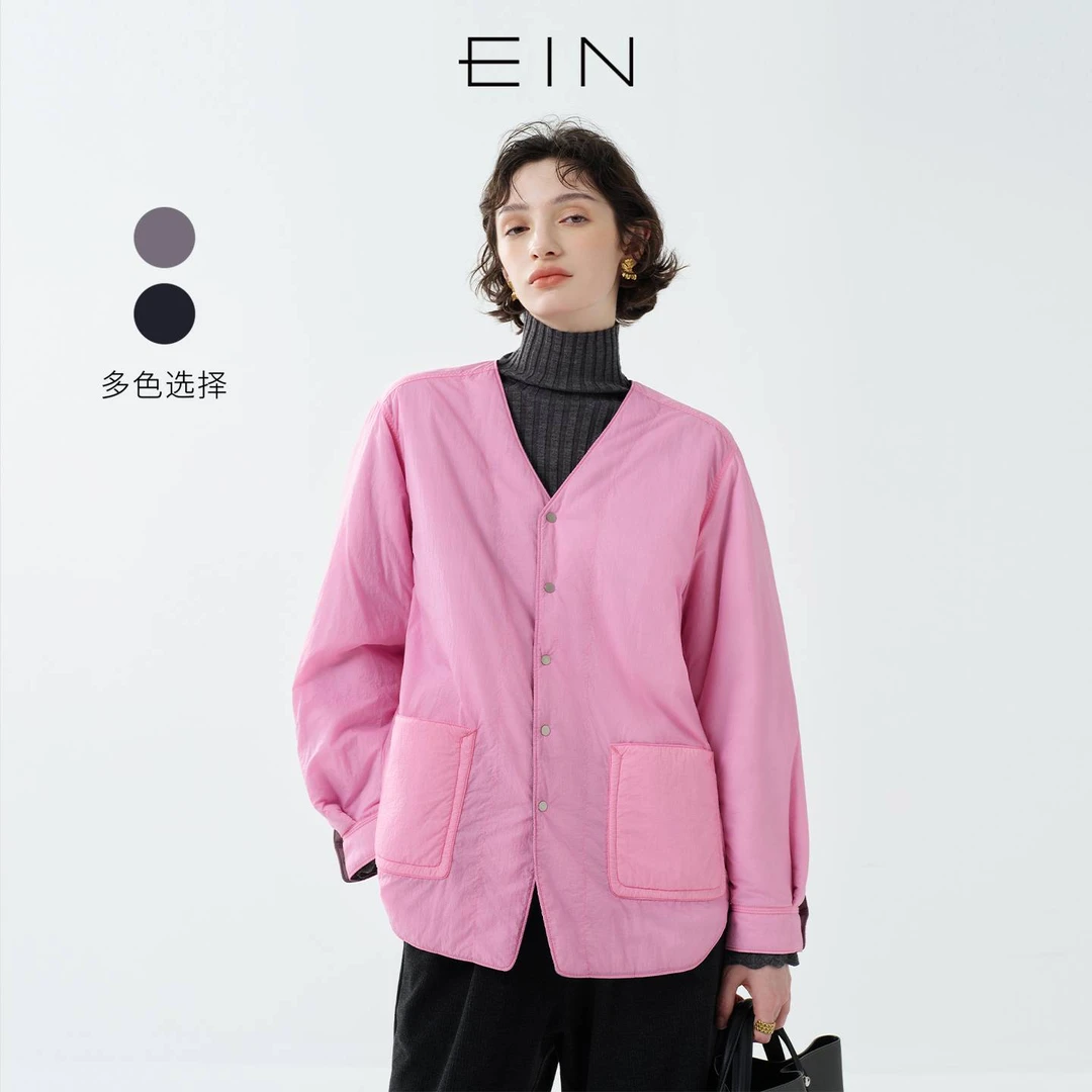 EIN PURE 复古休闲双面穿V领开衩中长棉服外套女2025秋冬新款