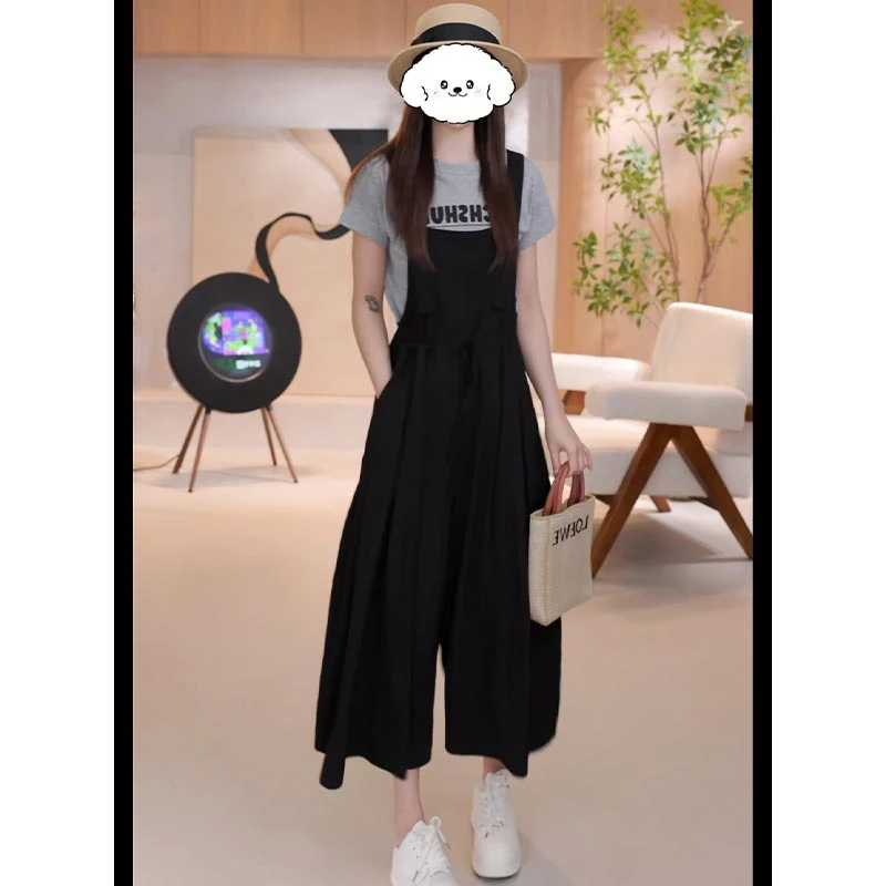 2025年夏季新款女装宽松百搭背带裤黑色休闲裤简约通勤大码设计感