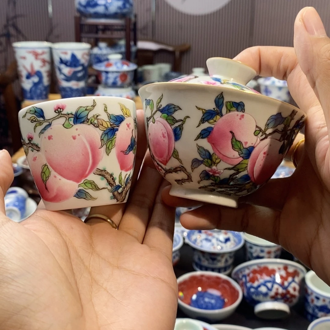 粉彩桃子两件套手绘