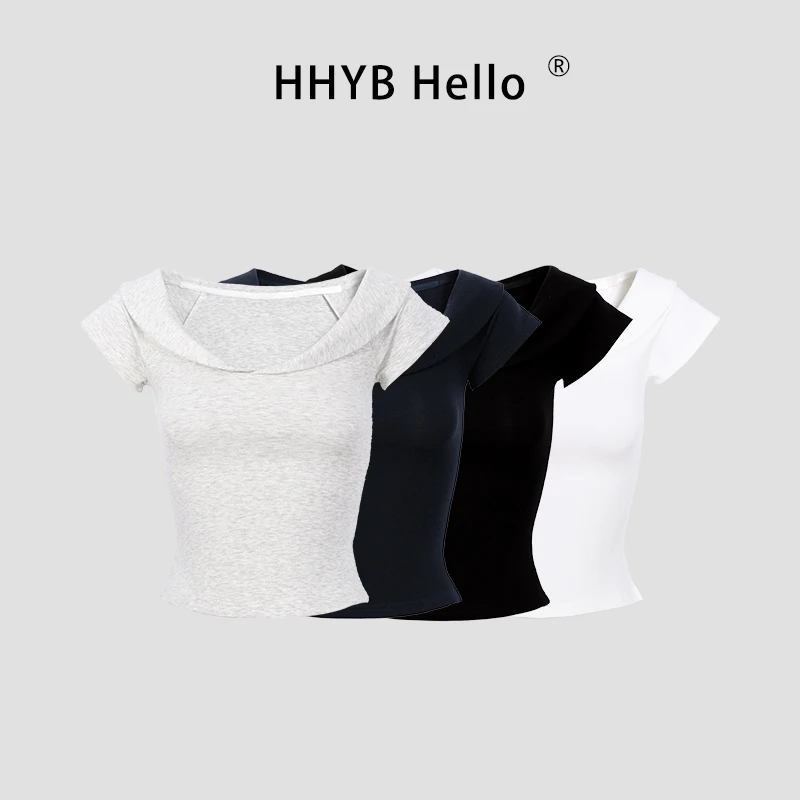 HHYB Hello短袖修身显瘦短袖翻领T恤2025夏季新款百搭上衣250324